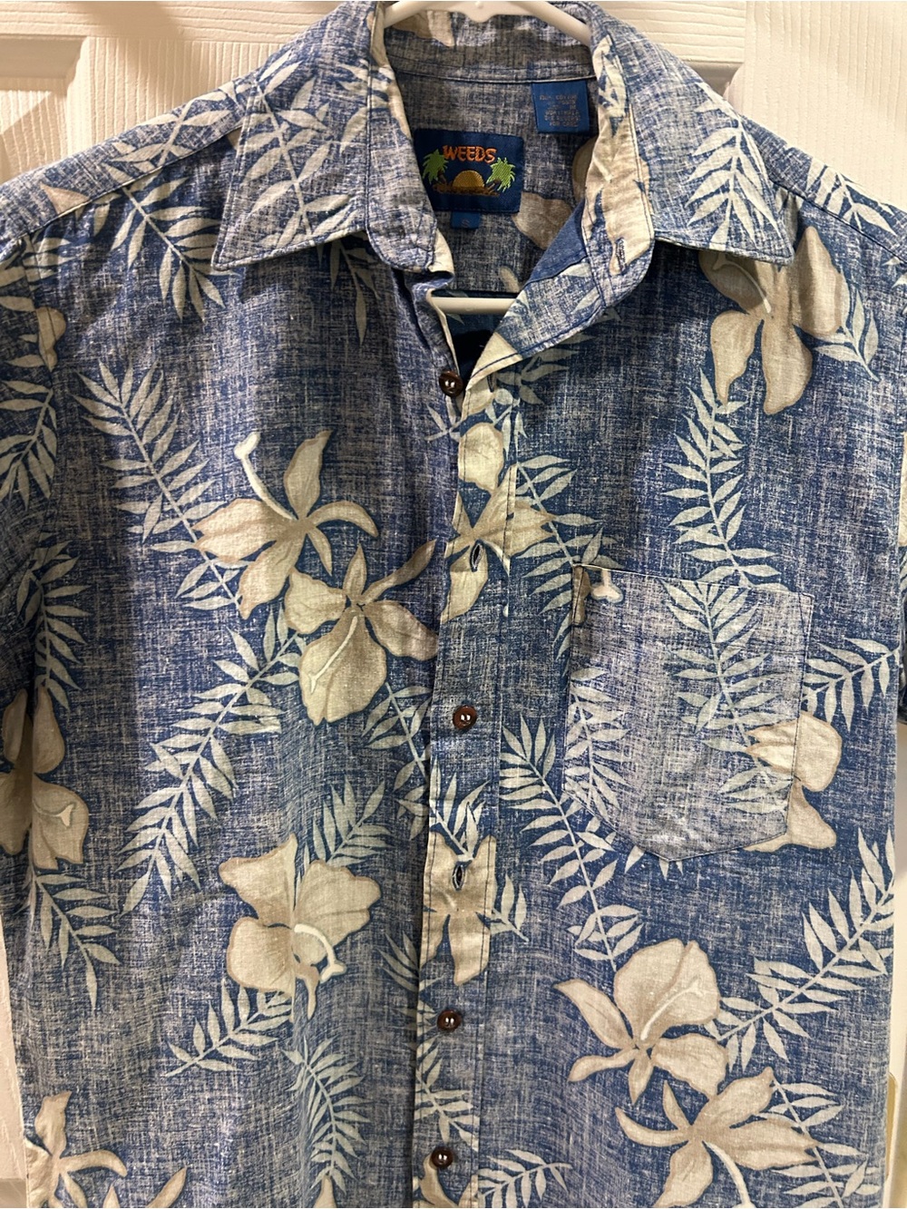 Vintage 90s Weeds Men's Hawaiian Shirt Small S Blue Reverse tropical print